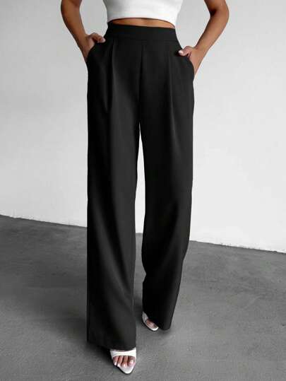 EURMUSE Plus Size Women's High Waist Pleated Wide Leg Loose Pants Black Slacks Women Pants Wide Leg Black Dress Pants