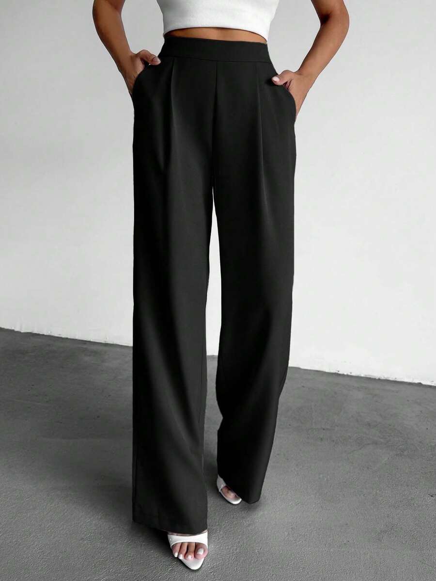 EURMUSE Calça feminina larga plissada de cintura alta - Preto - Ver 1