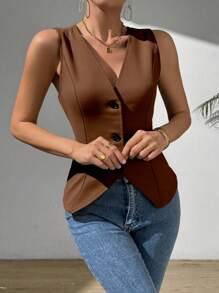 Zielony Damska kamizelka bez rękawów, swobodna, z rozcięciem, w stylu Maillarda, letnia, brązowa, na studia - Kawowy brązowy - Zobacz 5