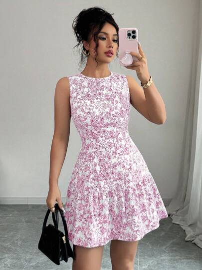 Elenzga Vestido corto elegante de mujer estilo bohemio con estampado floral sin mangas, cuello redondo y cinturón, perfecto para graduaciones y atuendos de moda para primavera/verano