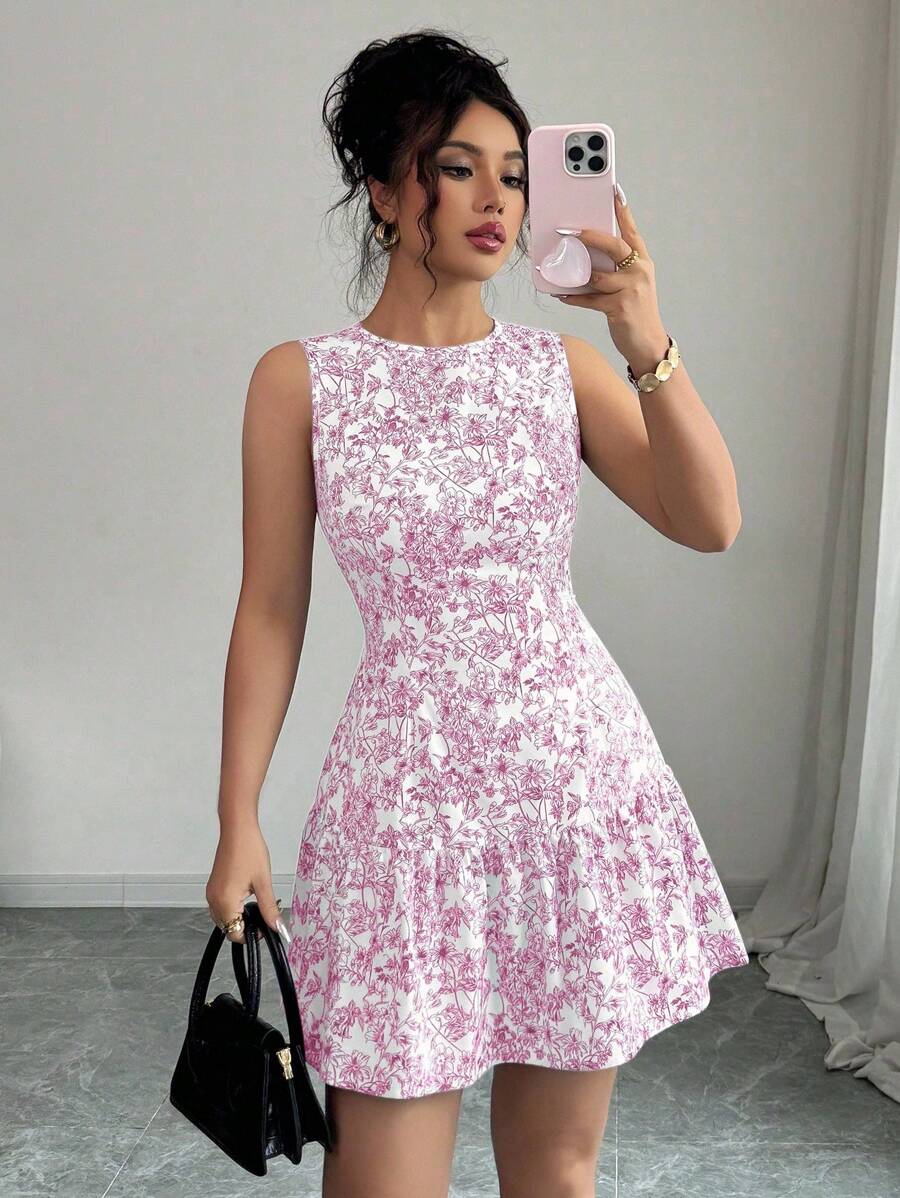 Elenzga Đầm ngắn cổ tròn không tay họa tiết hoa thanh lịch phong cách Bohemian dành cho nữ dự tiệc tốt nghiệp, trang phục thời trang cho mùa xuân/hè - Hồng - Xem 1