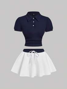 SHEIN MOD 2pcs/Set Women Navy Blue Top & White Skirt Set, Tennis Outfit, Retro Style,College Students Outfit - Navy Blue - View 1