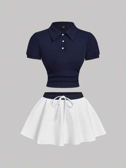 SHEIN MOD 2pcs/Set Women Navy Blue Top & White Skirt Set, Tennis Outfit, Retro Style,College Students Outfit