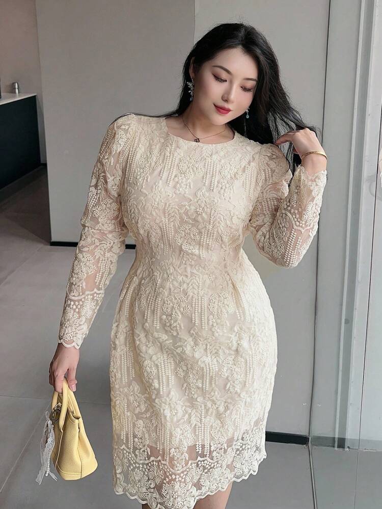 Dazy Plus Plus Size Lace Trim Round Neck Waistline Dress, Elegant Apricot Color, Spring/Fall Long Sleeve Dress, White Dress