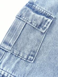 Young Girls Wide Leg Jeans, Blue Denim Casual Loose Fit Multi-Pocket Cargo Pants, Street Style Suitable For Spring/Summer Vacation - Medium Wash - View 5