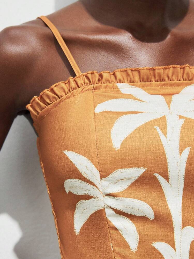 SHEIN Maija Top d'été pour femmes avec imprimé de plantes orange, volants à l'ourlet, bretelles fines, épaules dégagées, style hawaïen