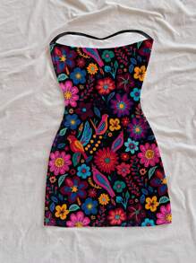 Soleia 色彩缤纷的复古图案，复古风休闲度假性感可爱Y2K椰子女孩波西米亚风度假大码女式迷你连衣裙，适合夏季穿着 - 彩色 - 查看 2