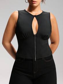 LYSMO Plus Size Women Sleeveless Solid Color Zipper Front Hollow Out Sexy Bodycon Tank Tops, Spring/Summer