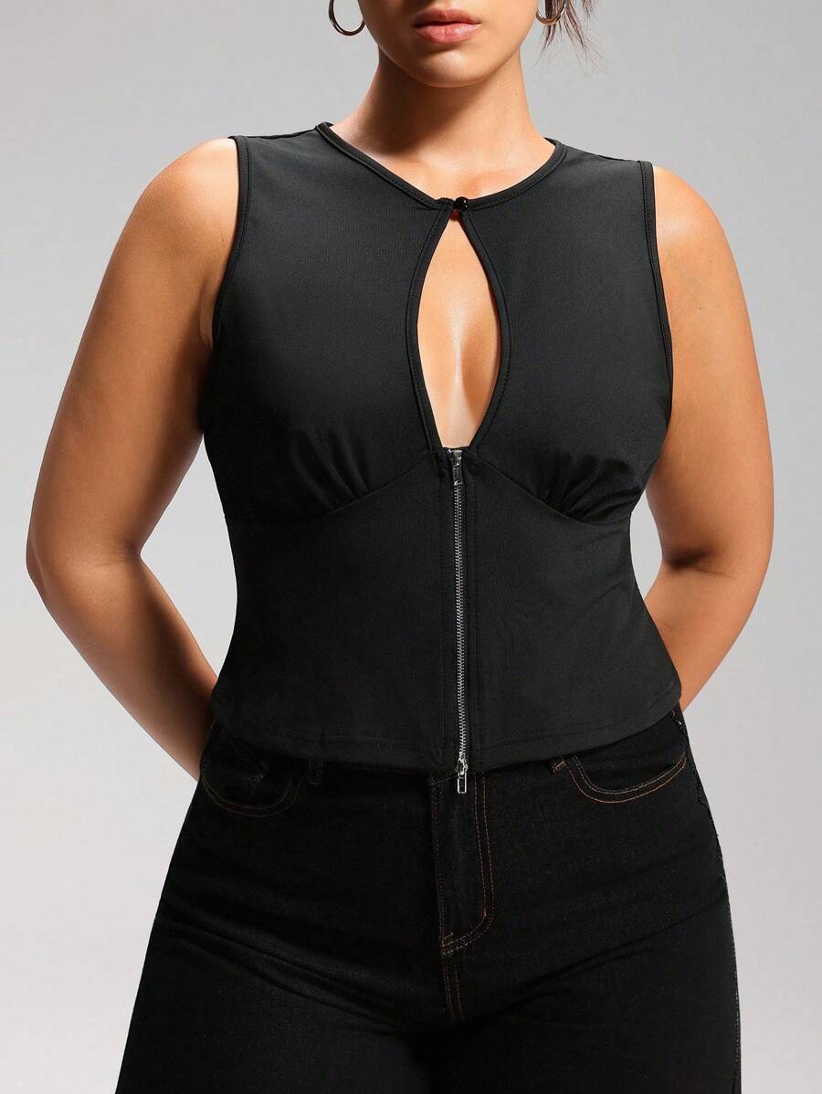 LYSMO Plus Size Women Sleeveless Solid Color Zipper Front Hollow Out Sexy Bodycon Tank Tops, Spring/Summer