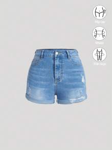 SHEIN Girlism Teen Girls' High Waist Stonewashed Ripped Rolled Hem Denim Jeans Shorts,Spring Summer Beach Washed Girls Clothes