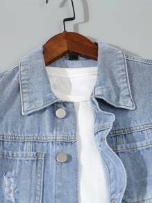 SHEIN Explorewe 2pcs/Set Tween Boys Ripped Denim Vest Jacket And Denim Shorts