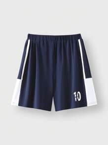 JNSQ Back To School Tween Boy Outdoor Sports Jersey & Shorts Set, Children Contrast Color Waistband Funny Number Print Loose Fit Outdoor Sports Shorts - Navy Blue - View 3