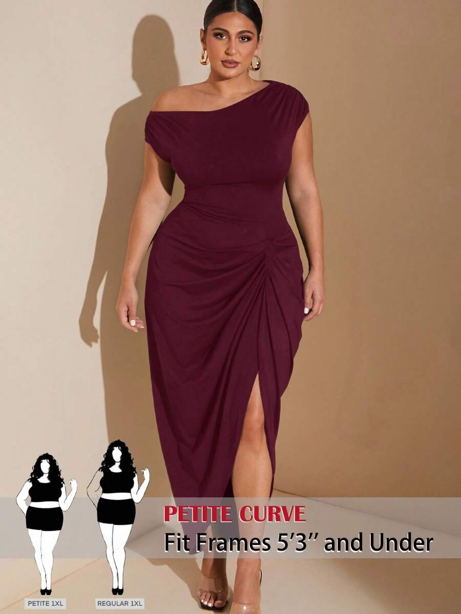 SHEIN PETITE CURVE Plus Size Women's Elegant Date Party Black Stretch Knit Comfort Gathered Details Draped Dress Asymmetric Hem Slit Midi Dress, Suitable For People Of Shorter Stature - Burgundy - View 1