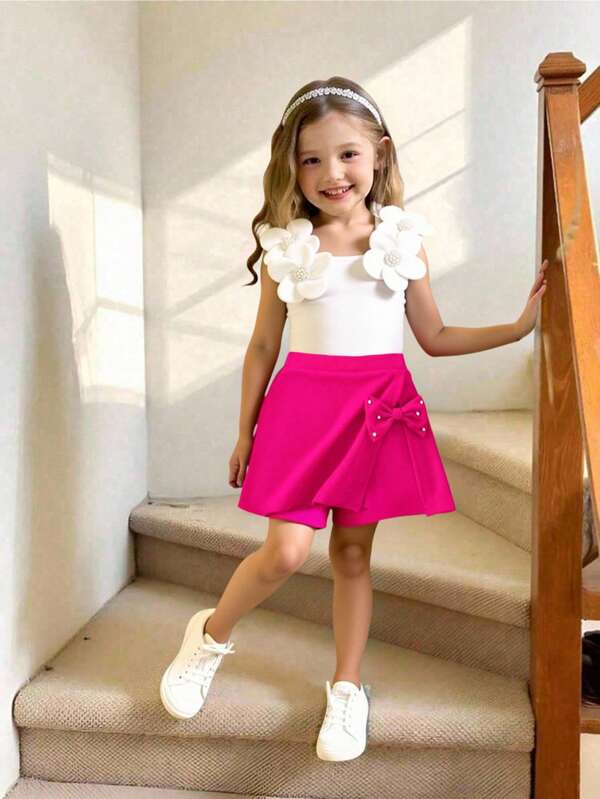 2pcs/Set Young Girls Fashion White Beaded Floral Decor Round Neck Vest + Elasticated Waist Rose Red Fitted Shorts, Suitable For Birthday, Vacation, Party In Summer Pink Skirt For Girls Little Girls Bow Skirt Skirt Summer Sets For Girls Skirt Two Piece Set For Kids Hot Pink Skirt Set For Girls