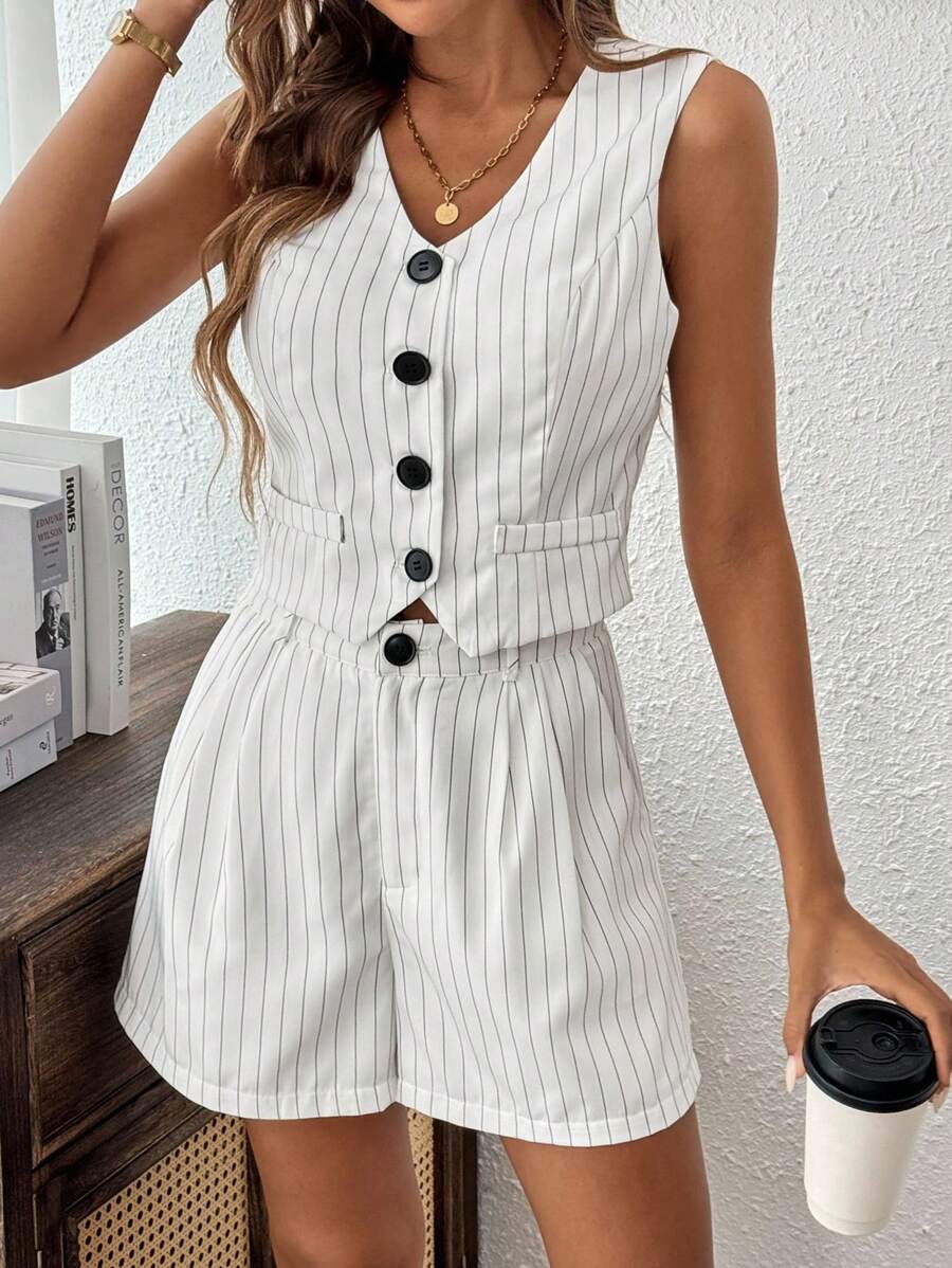 Chiquease Striped Print Button Front Vest Blazer & Shorts - White - View 1