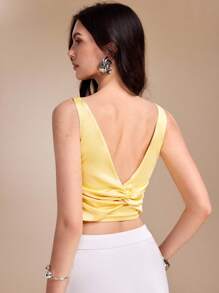 KHADIJA Solid Color Satin Knot Ruched Sleeveless Sexy Women Summer Backless Yellow Top