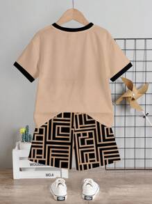 泰迪熊儿童精选系列日常基础款快乐儿童粉彩色系，适合儿童骑行风家庭旅行，温馨时光，我爱妈妈，我爱爸爸，温馨居家酷炫儿童男宝宝休闲圆领短袖短裤两件套，适合夏季男宝宝夏季服装，男宝宝棕褐色套装，男宝宝街头风夏季服装 - 彩色 - 查看 3