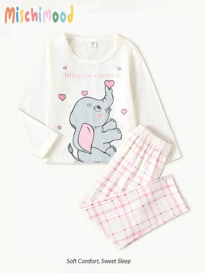 年轻女孩可爱兔子和心形图案长袖裤家居服套装，秋冬季可爱睡衣女孩睡衣套装