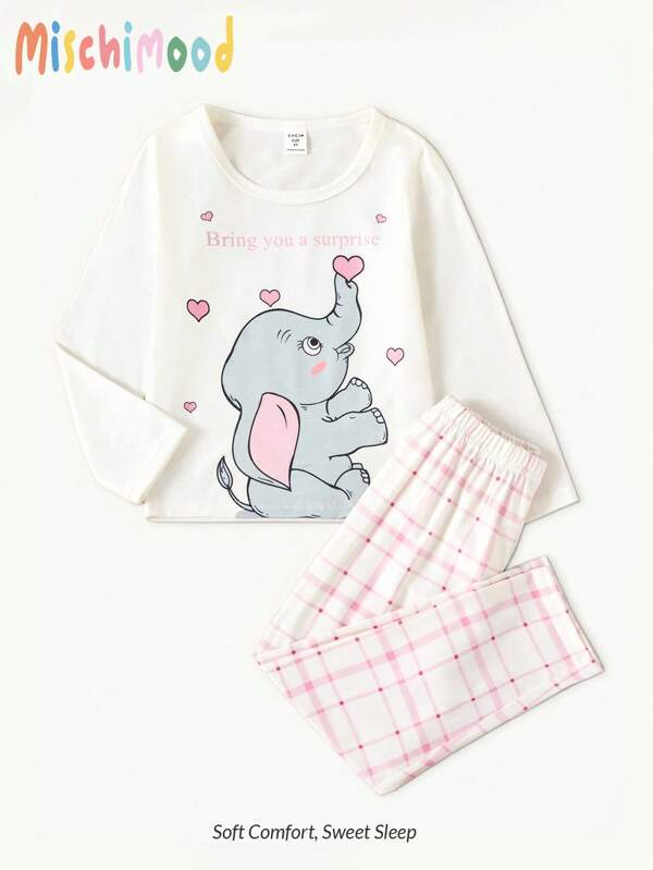Young Girls' Cute Rabbit & Heart Pattern Long Sleeve Pants Homewear Set, Autumn & Winter Cute Pajamagirls Pyjama Set