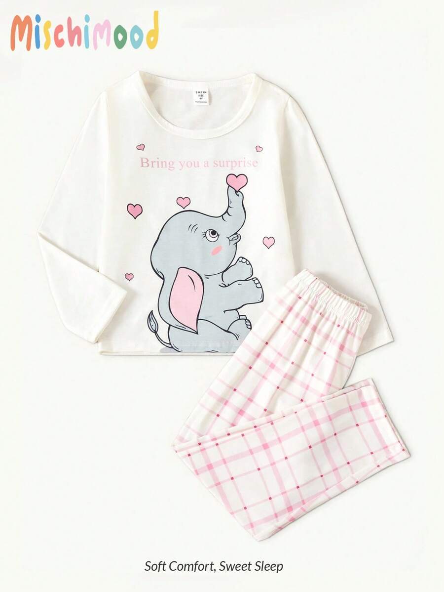 年轻女孩可爱兔子和心形图案长袖裤家居服套装，秋冬季可爱睡衣女孩睡衣套装