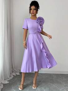 SHEIN Raffinéa Đầm maxi nữ cao cấp, thanh lịch, cổ vuông, tay phồng, họa tiết hoa 3 chiều, eo xếp ly, viền sóng, thích hợp cho mùa xuân hè, màu tím, dáng dài ngang gối, dự tiệc cưới, mùa hè. - Màu tím - Xem 7