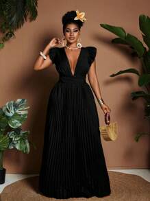 Maweii Robe élégante à encolure en V, manches courtes, taille froncée et dos nu pour grandes tailles - Noir - Voir 5