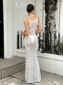 Rafferiza Women's Long Sleeveless Starfish Embroidery Hollow Out Thin Knit Dress