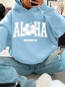 Sparklyn 青少年女孩休闲宽松蓝白字母花卉印花连帽运动衫 - 淺藍色 - 查看 1