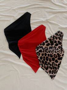 Soleia 3 件套性感豹纹黑红组合度假风不对称下摆露肩上衣，适合夏季和海滩风格 - 彩色 - 查看 3