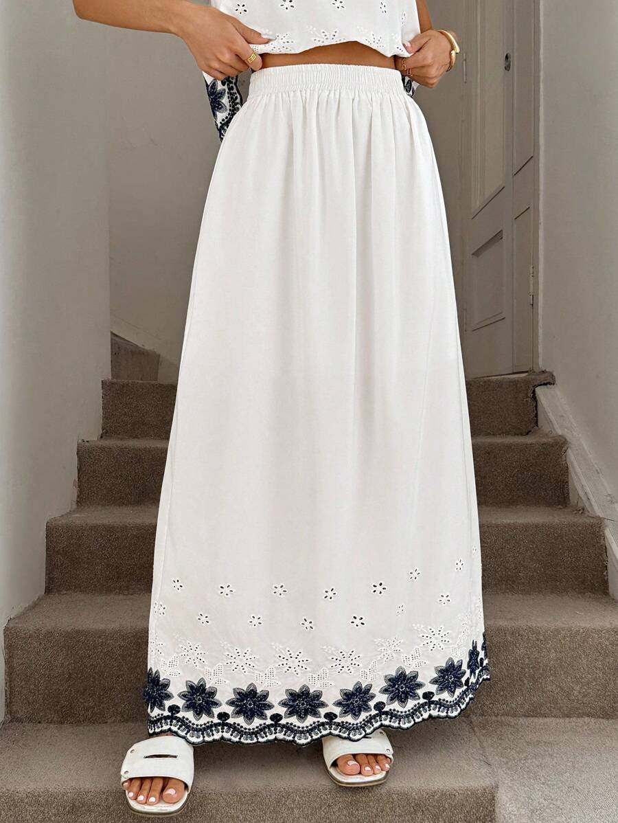 Easowa 教师刺绣仿亚麻长裙，适合度假和外出，女士波西米亚海滩度假装西部波西米亚白色长裙白色波西米亚裙长裙刺绣长裙女式长裙 - 白色 - 查看 1