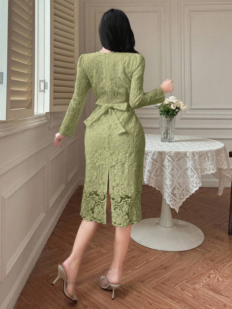 Elegant Chic Celebrity Style Lace Overlay Long Dress,Fall Dress Long Sleeve Dress