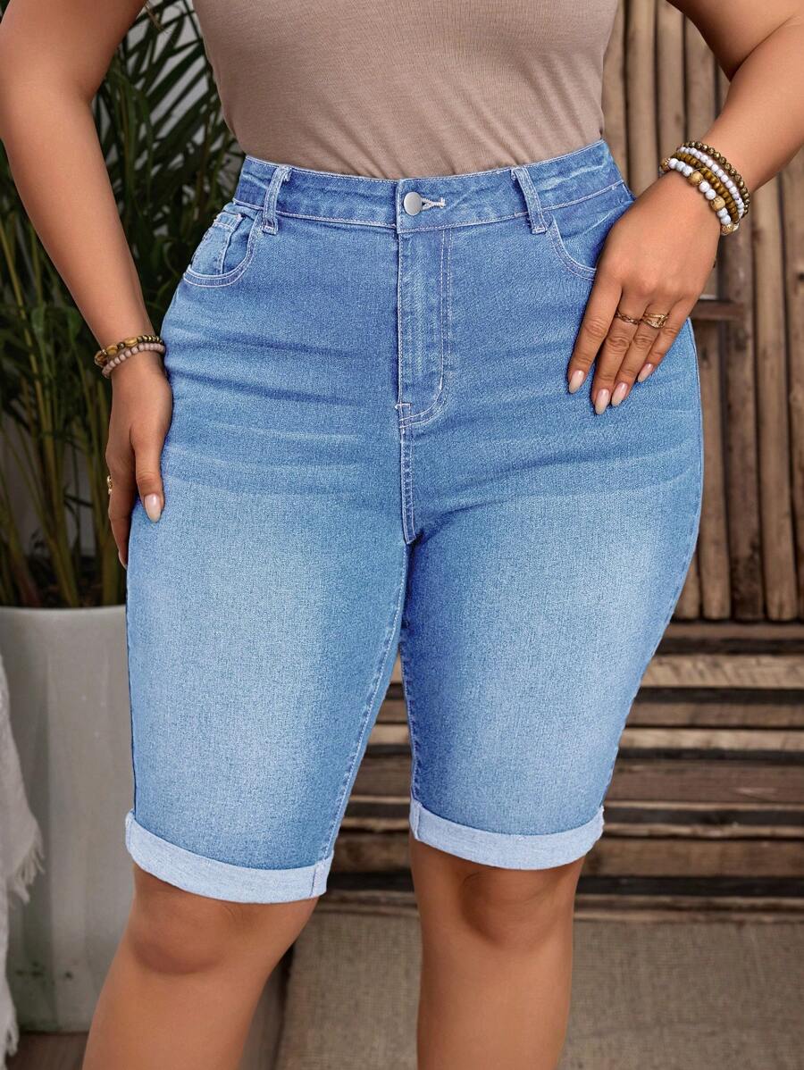 EMERY ROSE Große Größen Verwaschen Skinny Denim Shorts - Helle Waschung - Übersicht 1