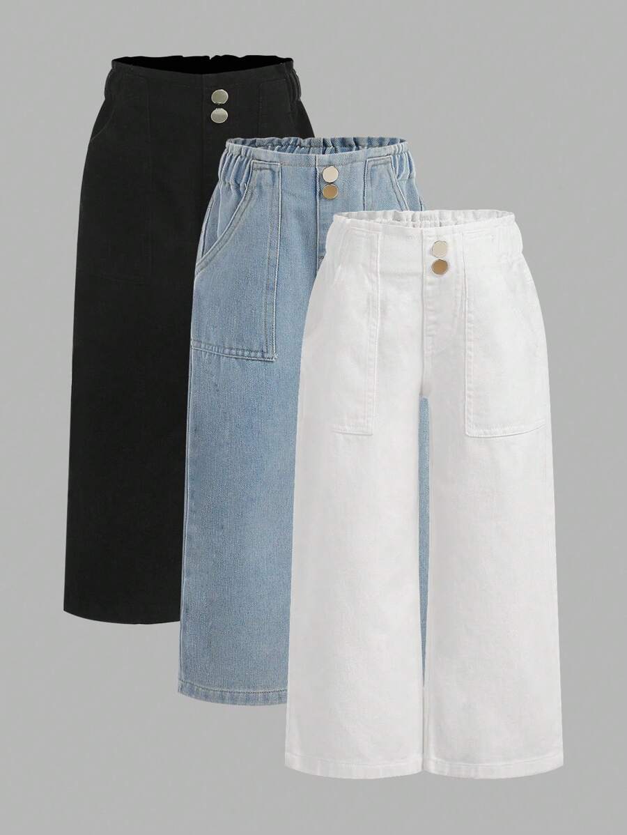 3件套少女休闲纸袋腰阔腿牛仔裤，适合秋冬季校园、学院风穿着。 - 黑與白 - 查看 1