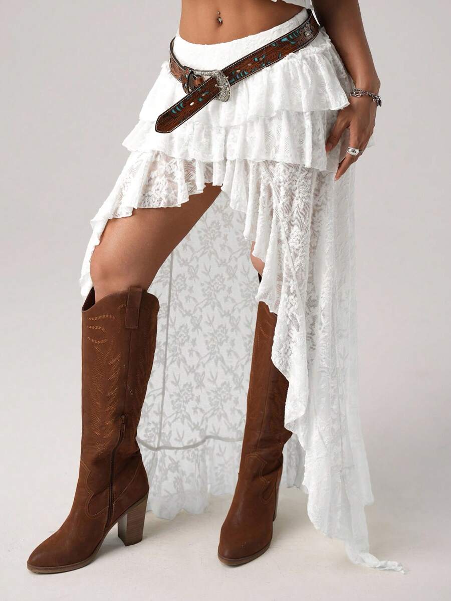 SHEIN ICON Ultra Low-Waisted Lace Tiered High-Low Hem Skirt - White - View 1