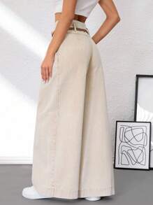 SHEIN Tall Jeans de pierna ancha de unicolor básico blanco para mujer, casual versátil para la vuelta al colegio en otoño, para mujeres altas - Caqui - Ver 2