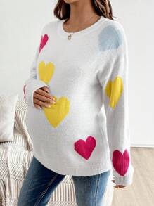 SHEIN Pregnant Women Heart Pattern Round Neck Drop Shoulder Casual Everyday Sweater Fall Winter Clothes Maternity Sweater - Multicolor - View 4