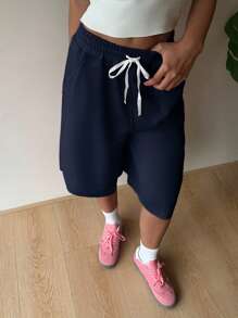 SHEIN EZwear 海军蓝大码女式休闲抽绳百慕大短裤 - 藏蓝色 - 查看 5