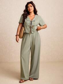 Elaquor 大码女式夏季纯色短袖系带衬衫和裤子两件套休闲装