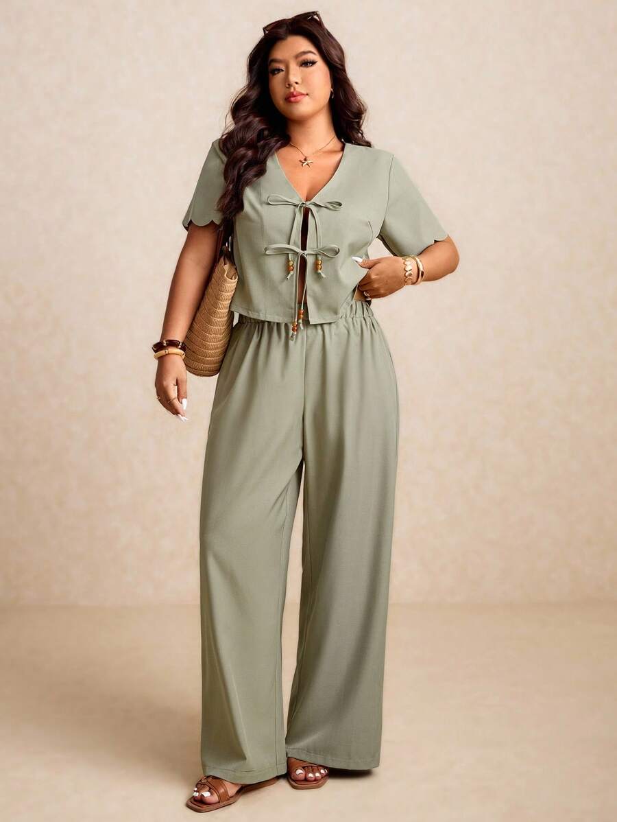 Elaquor 大码女式夏季纯色短袖系带衬衫和裤子两件套休闲装