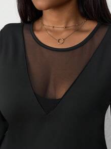 SHEIN PETITE CURVE 春夏秋冬优雅黑色针织圆领长袖撞色网眼大码T恤万圣节加大码万圣节衣服万圣节睡衣