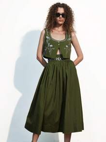 Aveloria Affinna 橄榄绿色 U 领无袖背心，银色亮片花卉刺绣，前开襟，搭配刺绣饰边宽腰带长裙，优雅休闲游牧复古风格女式两件套 - 綠色 - 查看 5