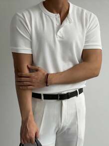 DAZY Camiseta de verano para hombres con cuello de botones y manga corta informal con unicolor