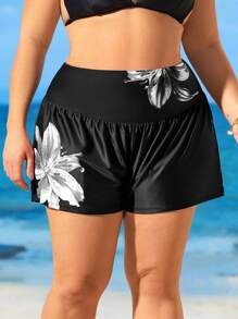 Swim SPRTY 大码女式百合印花褶饰比基尼泳裤 - 黑與白 - 查看 6