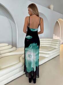 Roylia Vestido de mujer elegante con estampado floral, tirantes finos y cordón lateral con abertura - Negro - Ver 2