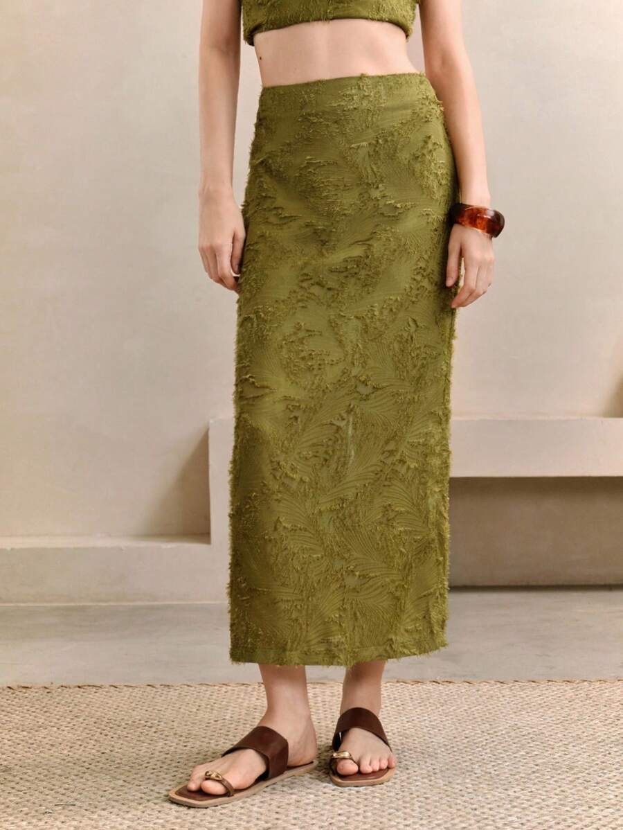 EMERY ROSE Women's Texture Fabric Pickle Green Straight Jacquard Design Back Slit Hem Midi Skirt,Summer,Vacation Boho,European Skirt Fall Cloth For Women - Green - View 1