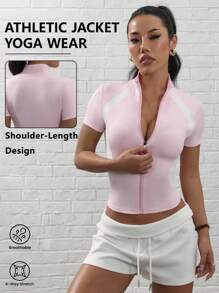 Dewbera Fashionable Classic Retro Versatile Spring Comfortable Breathable Stretchy Fitted Campus Style Active Cute Soft Sweet Suitable For Outdoor, Fitness, Yoga, Dance, Pilates Zipper Short Sleeve Jacket - Pink - View 4