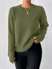 EMERY ROSE Women Solid Color Round Neck Drop Shoulder Casual Loose Pullover Sweater Knit Pullover Fall Winter - Army Green - View 5