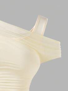 青少年女孩休闲纯色不对称领口褶皱修身T恤，夏季 - 米色 - 查看 6