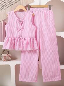 SHEIN 2pcs/Set Tween Girls Sleeveless Shirt With Bow Buttons & Extended Pants Outfit Fall Winter - Baby Pink - View 5