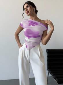 Firerie Valentine's Day New Design Gradient Tie Dye Print Asymmetrical Hem Open Shoulder Asymmetric Short Sleeve Cropped T-Shirt, Spring/Summer,Off The Shoulder Top - Violet Purple - View 1